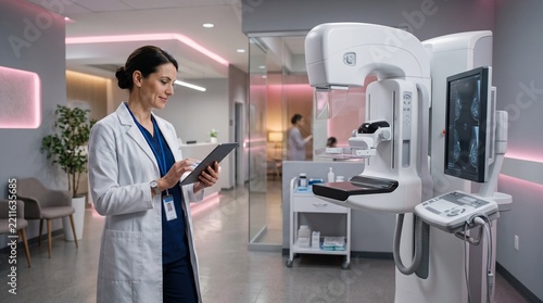 Doctor reviews mammogram results on tablet next to advanced medical screening equipment in modern clinic