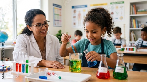 Teacher guides diverse young students in a vibrant elementary school science lab experiment with colorful liquids and lab equipment