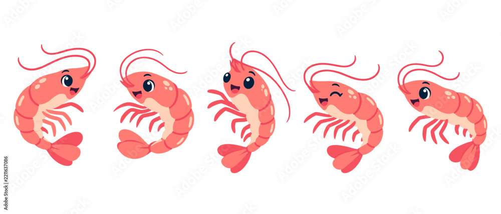 Obraz premium Set of cute cartoon shrimp in playful poses