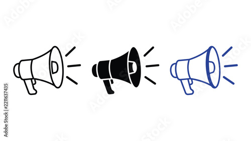 Three megaphones in different outline and solid styles emitting sound waves for communication with megaphones communication announcement bullhorn