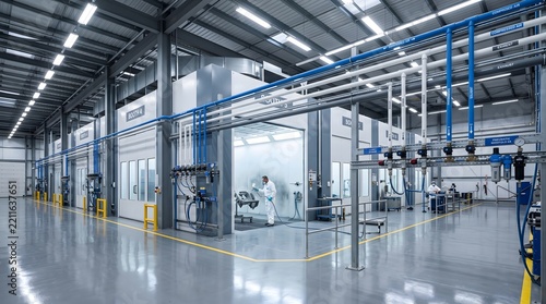 Professional industrial spray paint booth with technician in protective suit in a modern manufacturing plant