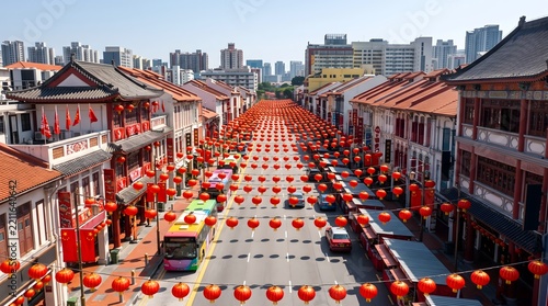 Traditional red lanterns hanging over a city street during Chinese New Year