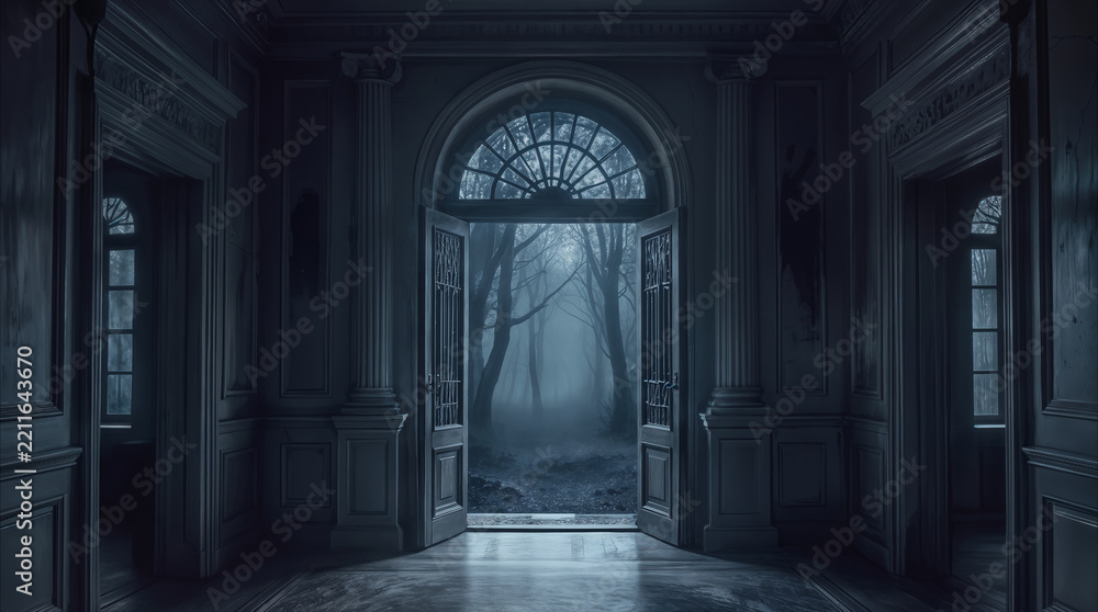 Fototapeta premium Interior view of abandoned mansion hall with open doors leading to misty forest. Gothic architecture and eerie atmosphere in derelict estate.
