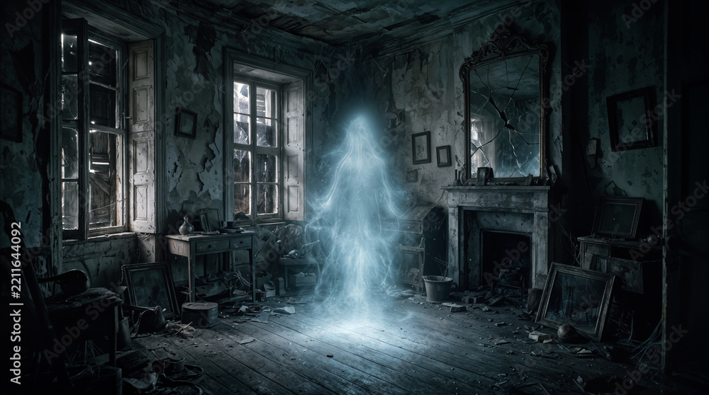 Obraz premium Translucent blue ghost appearing in center of abandoned room. Ethereal spirit manifestation in dilapidated house with peeling wallpaper and broken furniture.