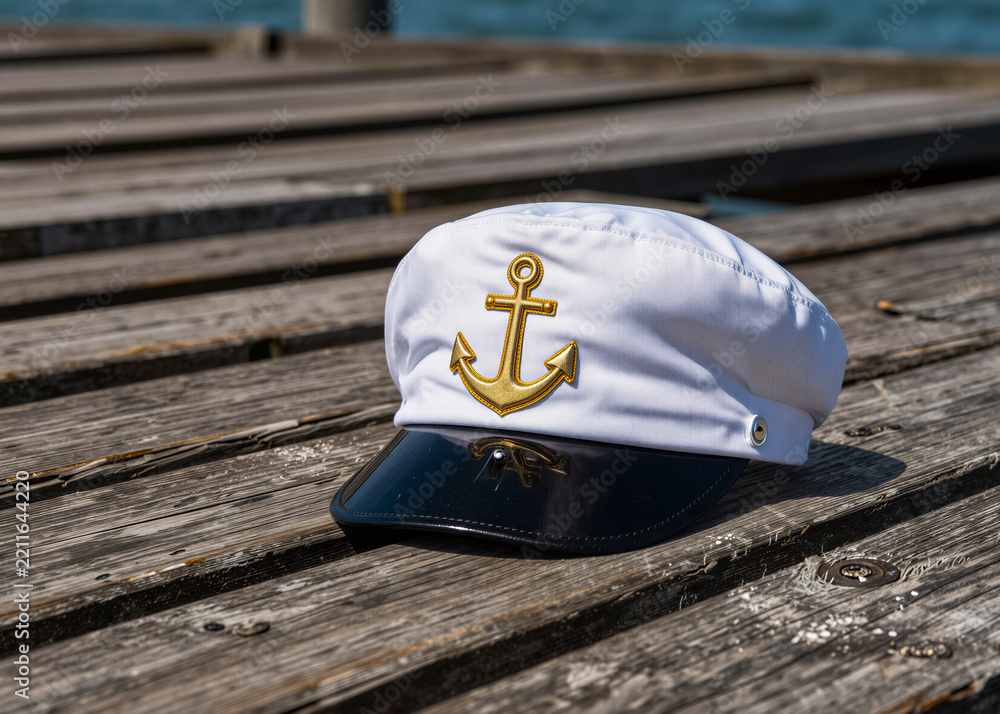 Obraz premium A white cap with a golden anchor and star lies on a dilapidated wooden pier
