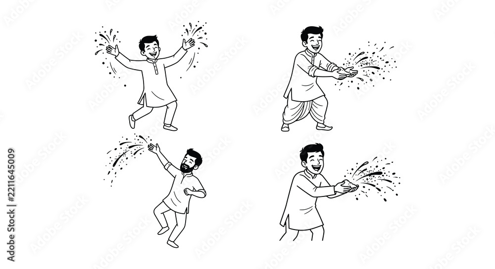 Fototapeta premium Four illustrations depict people celebrating with sparklers vector style