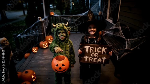 Children in Halloween Costumes Trick or Treating on a Spooky Porch