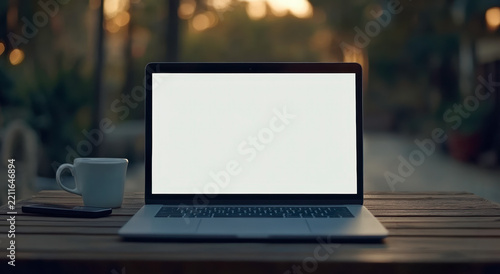 Blank laptop screen on wooden table with coffee cup and smartphone outdoors