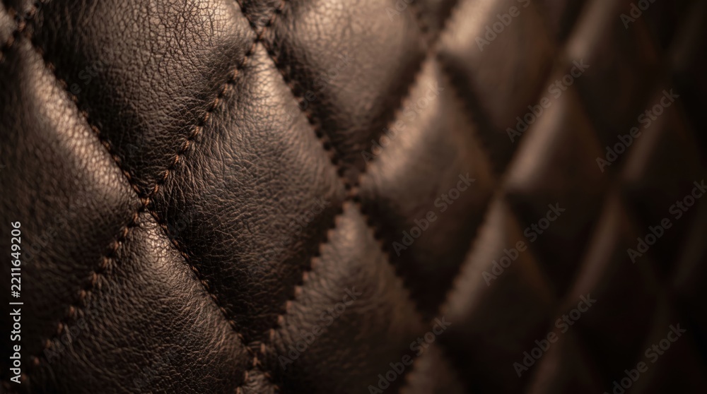 Obraz premium Quilted leather upholstery features intricate stitching patterns. Dark luxury casino interior background with soft ambient lighting.