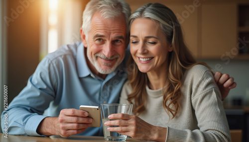 Happy couple enjoying time together with smartphone and glass of water, smiling and sharing moments. Couple interacts with mobile technology while cherishing each other's company at home.