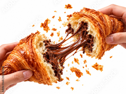 Hands Pulling Apart Fresh Chocolate Croissant with Gooey Filling Isolated on White Background.