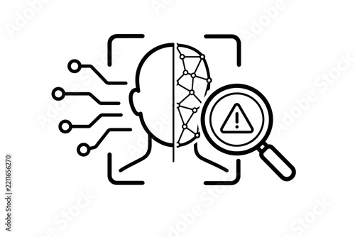 Conceptual diagram illustrating potential security vulnerabilities and data privacy concerns in artificial intelligence-powered facial recognition and biometric identification systems with a warning