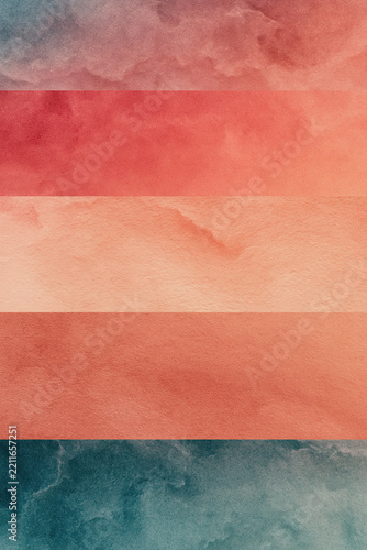 Horizontal watercolor stripes in coral, peach and teal on paper