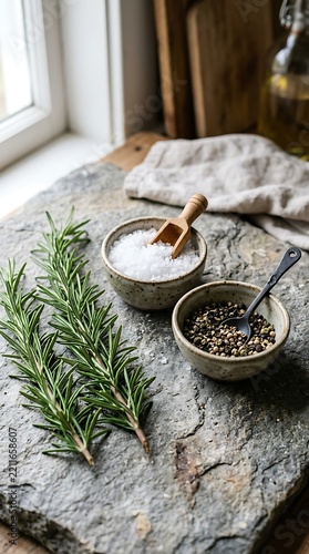 Fresh rosemary sprigs with bowls of sea salt and black peppercorns on rustic stone surface