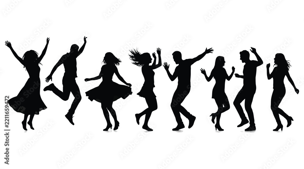 Fototapeta premium Silhouette of dancing people in mid air against white background
