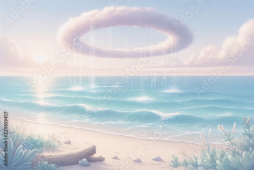 Dreamy pastel ocean landscape with a floating ring rain cloud