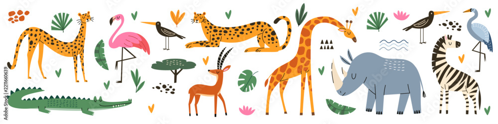 Obraz premium Cute safari animal collection featuring giraffes, cheetahs, zebra, rhinoceros, crocodile, flamingos, antelope and tropical birds with botanical elements. Flat vector illustration in playful handdrawn
