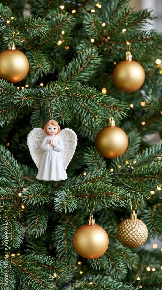 Fototapeta premium Christmas tree decorating with angel ornament and golden baubles