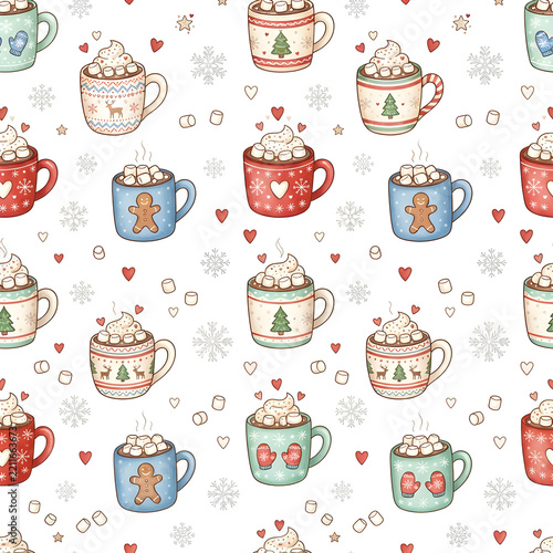 Seamless pattern with cozy winter mugs, hot cocoa, marshmallows, snowflakes and tiny hearts, cute illustration style, white background, no text.