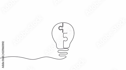 Continuous one line drawing of electric light bulb made of puzzle pieces. Single line drawing light bulb and jigsaw puzzles. 4K video animation with alpha channel.
