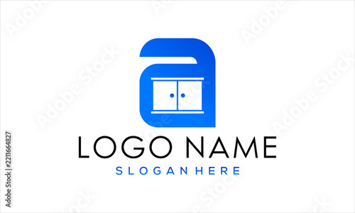 Blue Letter A Furniture Logo Design with Cabinet Icon and Clean Modern Corporate Identity Template