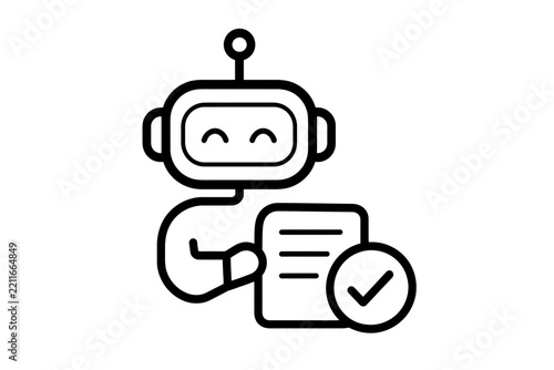 Outline icon of a cheerful robot assistant completing and verifying a document, symbolizing efficient automation and task success