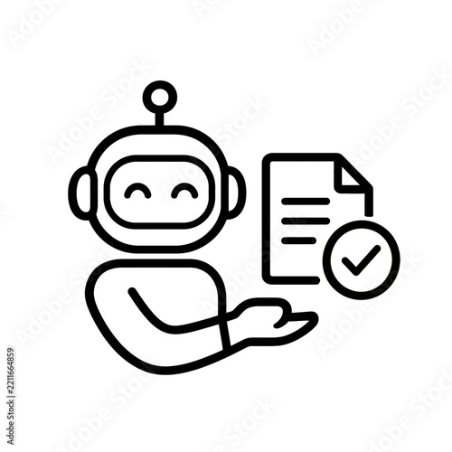 AI Chatbot Robot Assistant Icon Demonstrating Document Verification, Automated Task Completion, and Digital Process Efficiency for Smart Solutions