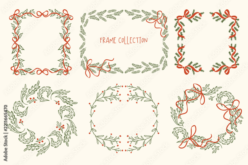Fototapeta premium Hand drawn Christmas frames and wreaths with red ribbon bows, holly, fir branches and berries in green and red line art. Cozy vintage holiday borders on a cream background