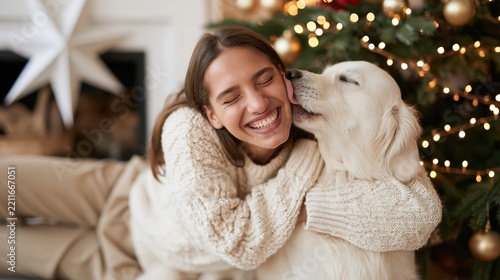 Young woman laughing while her pet dog licks her face near a christmas tree