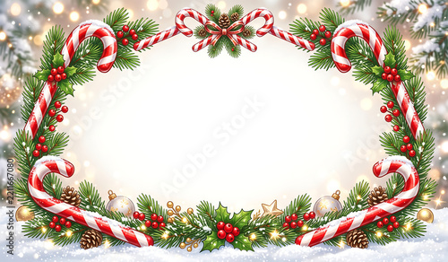 Festive Christmas wreath frame with red candy canes, holly berries, pinecones, and snow