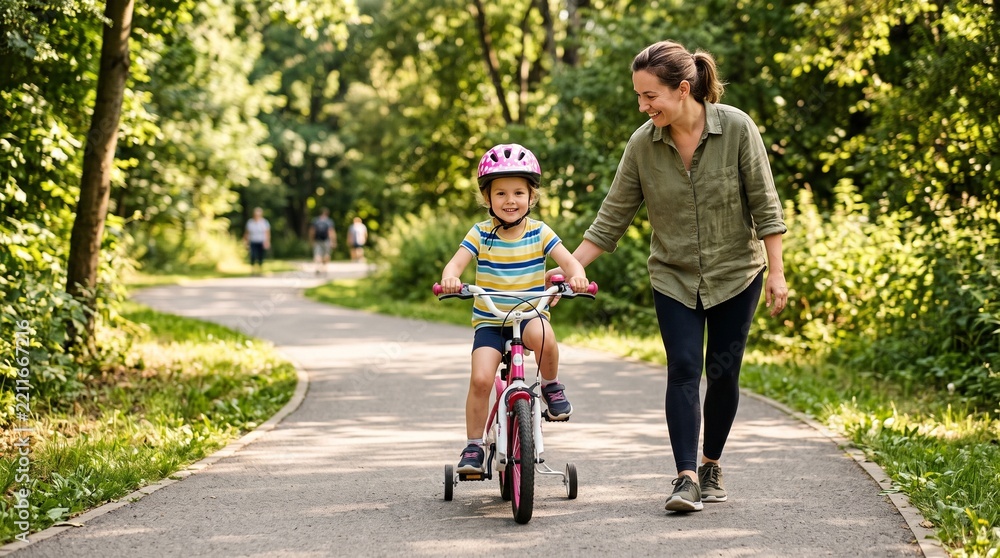 Fototapeta premium Mother teaching her daughter to ride a bicycle on a sunny park path with trees and other people walking in the background