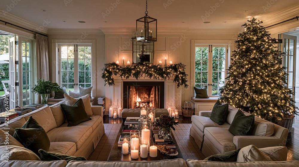 Obraz premium Cozy Christmas living room interior with a fireplace, illuminated tree, candles, and holiday decor creating a warm ambiance