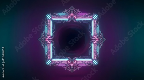 Ornate square vintage frame with glowing blue and purple neon light tubes