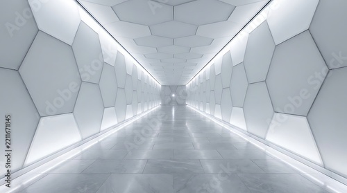 Futuristic empty white corridor with hexagonal wall panels and glowing bright illumination