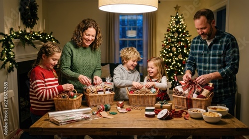 A family of four is gathered around a table, wrapping gifts for Christmas. The scene is set in a cozy, warmly lit room with a decorated Christmas tree in the background.