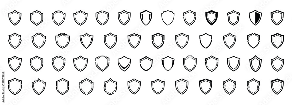 Fototapeta premium A comprehensive collection of diverse shield icons featuring various shapes and styles isolated on a clean white background for modern digital design projects