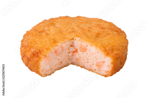 Thai tod man goong shrimp cake, thick round form with crisp breadcrumb Isolated on White Background