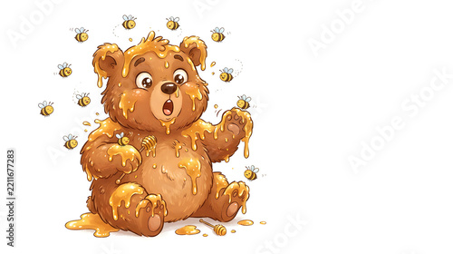 6. Chubby bear covered in sticky golden honey, surprised face, little bees flying around, funny cute cartoon illustration, pure white background, copy space.