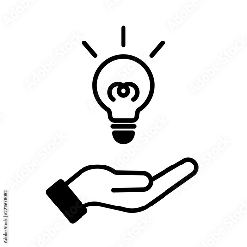 アイデアを支える手と電球の線画アイコン