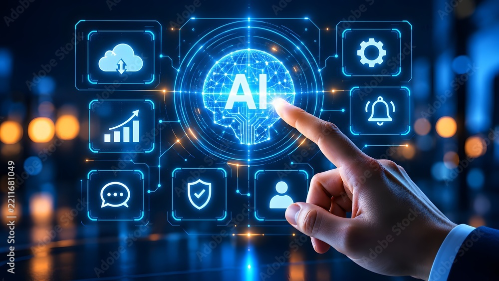 Obraz premium Digital Transformation and Artificial Intelligence Concept with Hand Touching Glowing AI Interface Node