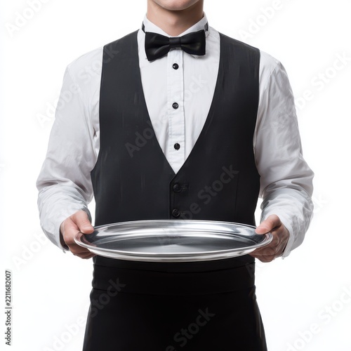 Waiter Presenting Tray: A waiter in formal attire, complete with a vest and bow tie, holds an empty silver tray, ready to serve. Professional service and hospitality are implied.