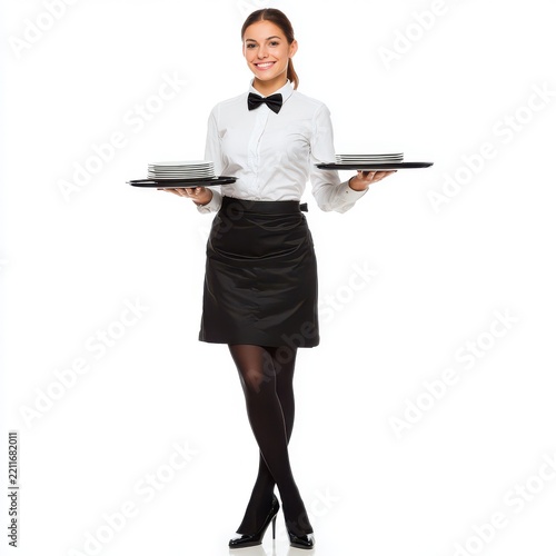 Professional Server with Trays: A smiling female server in a crisp uniform, complete with a black bow tie and apron, stands ready to serve, holding two black trays with plates.