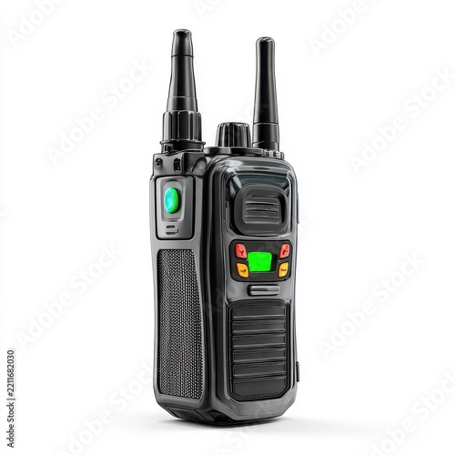 Compact Two-Way Radio: A rugged, portable two-way radio with antenna, display, and push-to-talk button, ready for communication in any environment.