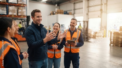 Operations Supervisor Congratulating Warehouse Team on Successful Shift
