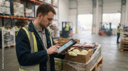 Trainee Verifying Goods Temperature on Digital Tablet in Warehouse