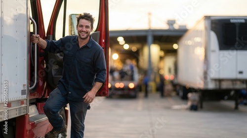 Truck Driver Stepping from Cab at Logistics Terminal Sunset