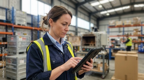 Woman Checking Container Certification on Tablet in Warehouse