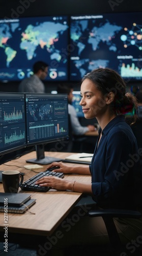 Female Analyst Reviewing Cold Chain Temperature Reports on Screen