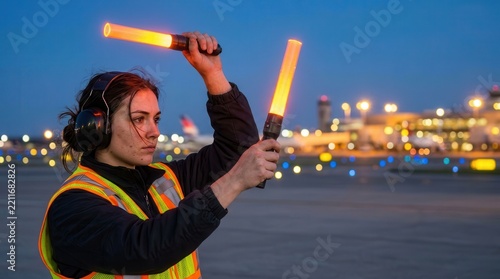 Woman Signaling with Illuminated Marshalling Wands on Tarmac