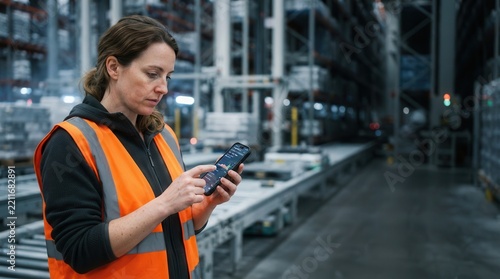 Woman Testing Inventory Scanning App on Smartphone in Warehouse